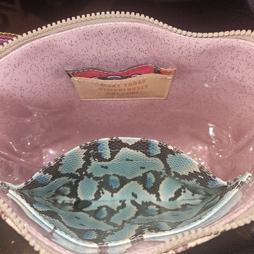 Colorful Patchwork Consuela Crossbody Purse with Snake Print Trim - Picture 4 of 5